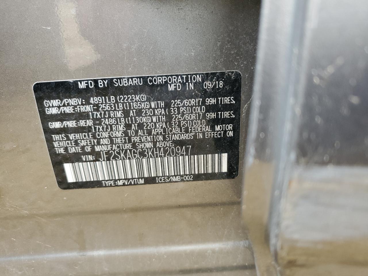 2019 Subaru Forester Premium VIN: JF2SKAGC3KH420947 Lot: 61708414