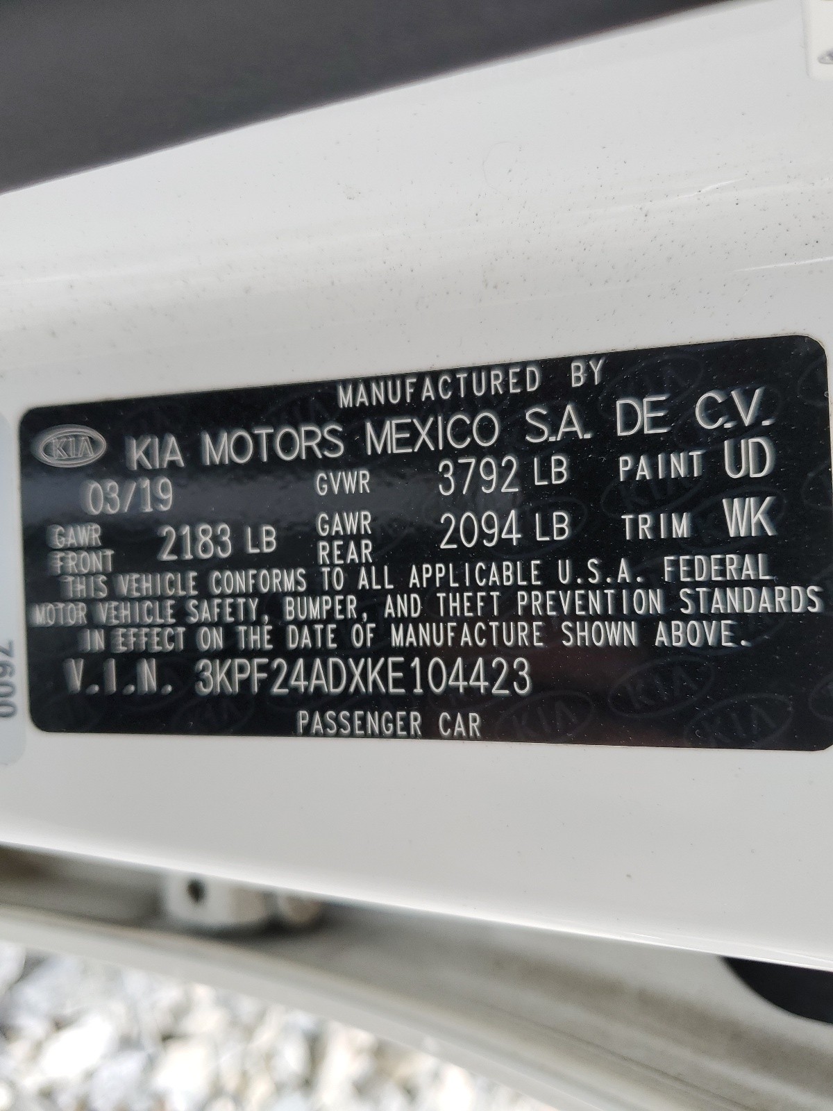 3KPF24ADXKE104423 2019 Kia Forte Fe