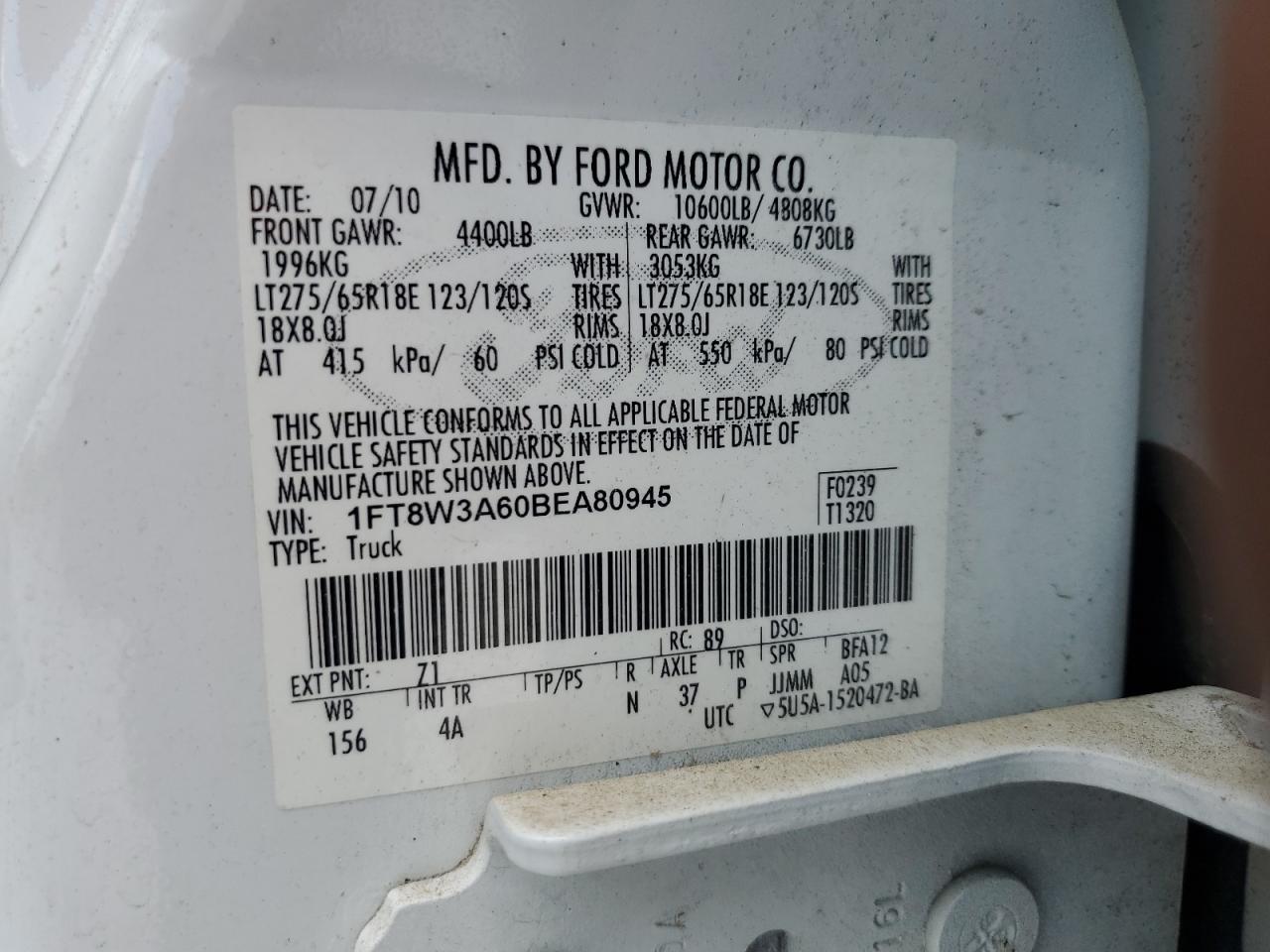 2011 Ford F350 Super Duty VIN: 1FT8W3A60BEA80945 Lot: 63242434