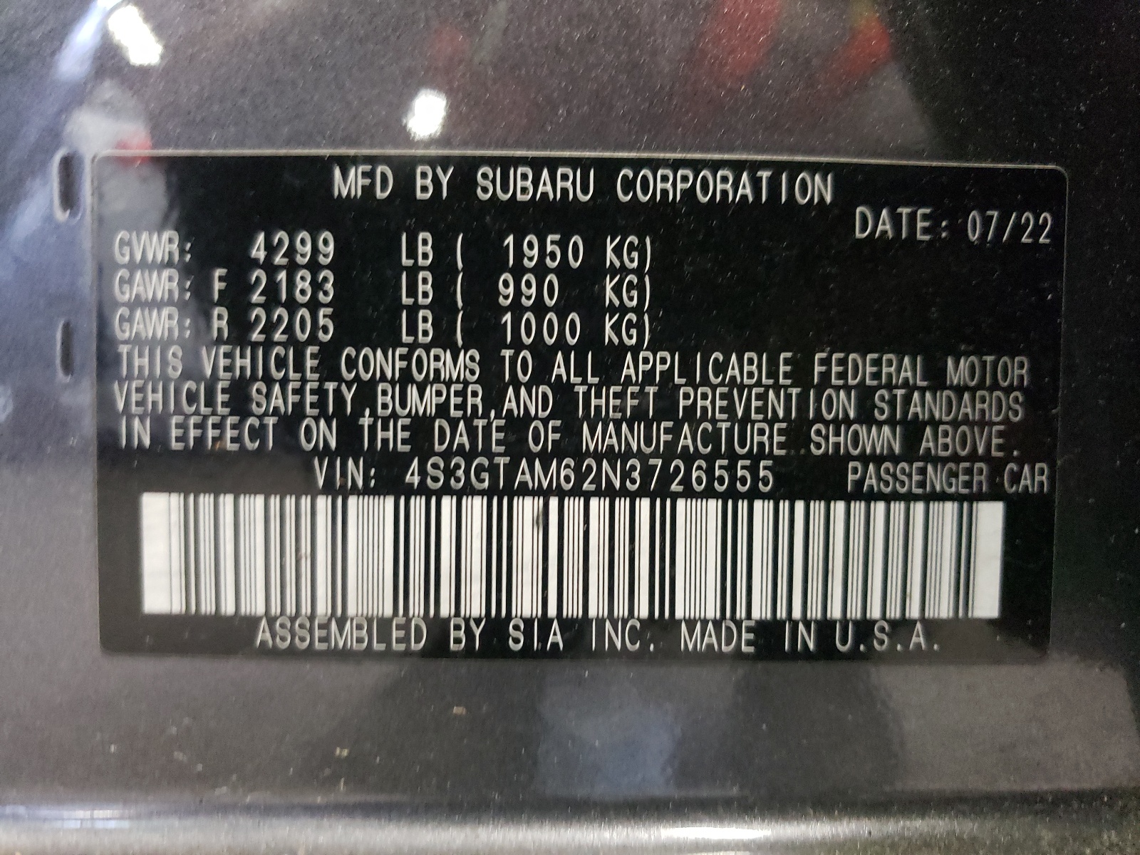 4S3GTAM62N3726555 2022 Subaru Impreza Sport