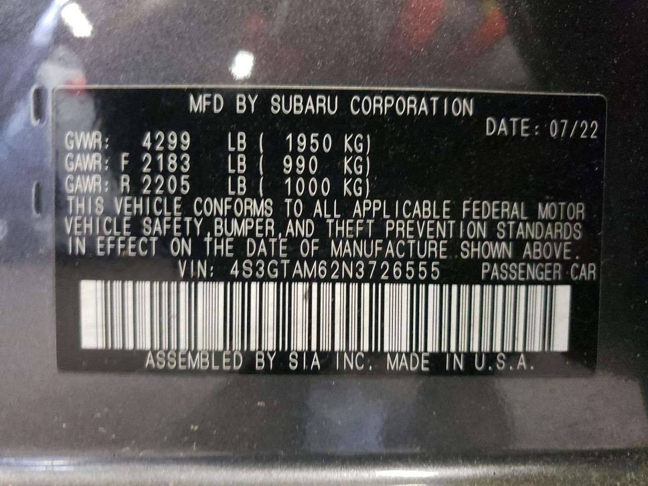 2022 Subaru Impreza Sport VIN: 4S3GTAM62N3726555 Lot: 63730364