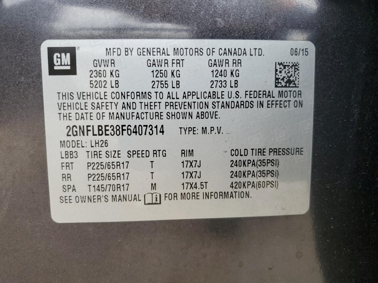 2015 Chevrolet Equinox Lt VIN: 2GNFLBE38F6407314 Lot: 65140274