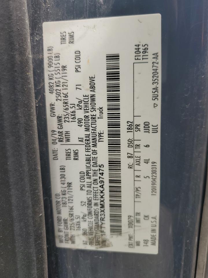 2019 Ford Transit T-250 VIN: 1FTYR3XMXKKA97475 Lot: 60709924