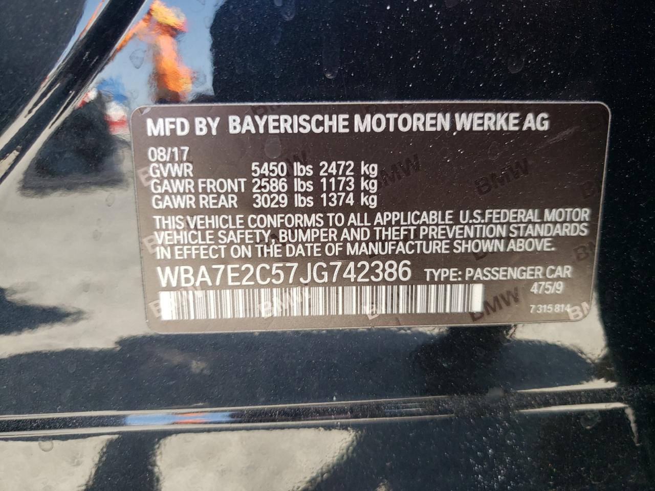 2018 BMW 740 I VIN: WBA7E2C57JG742386 Lot: 60999494