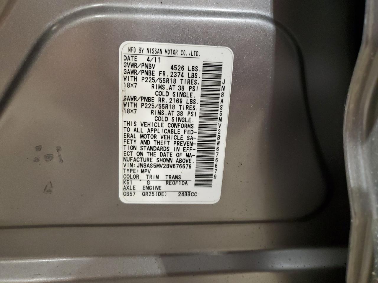 2011 Nissan Rogue S VIN: JN8AS5MV2BW676679 Lot: 62630734