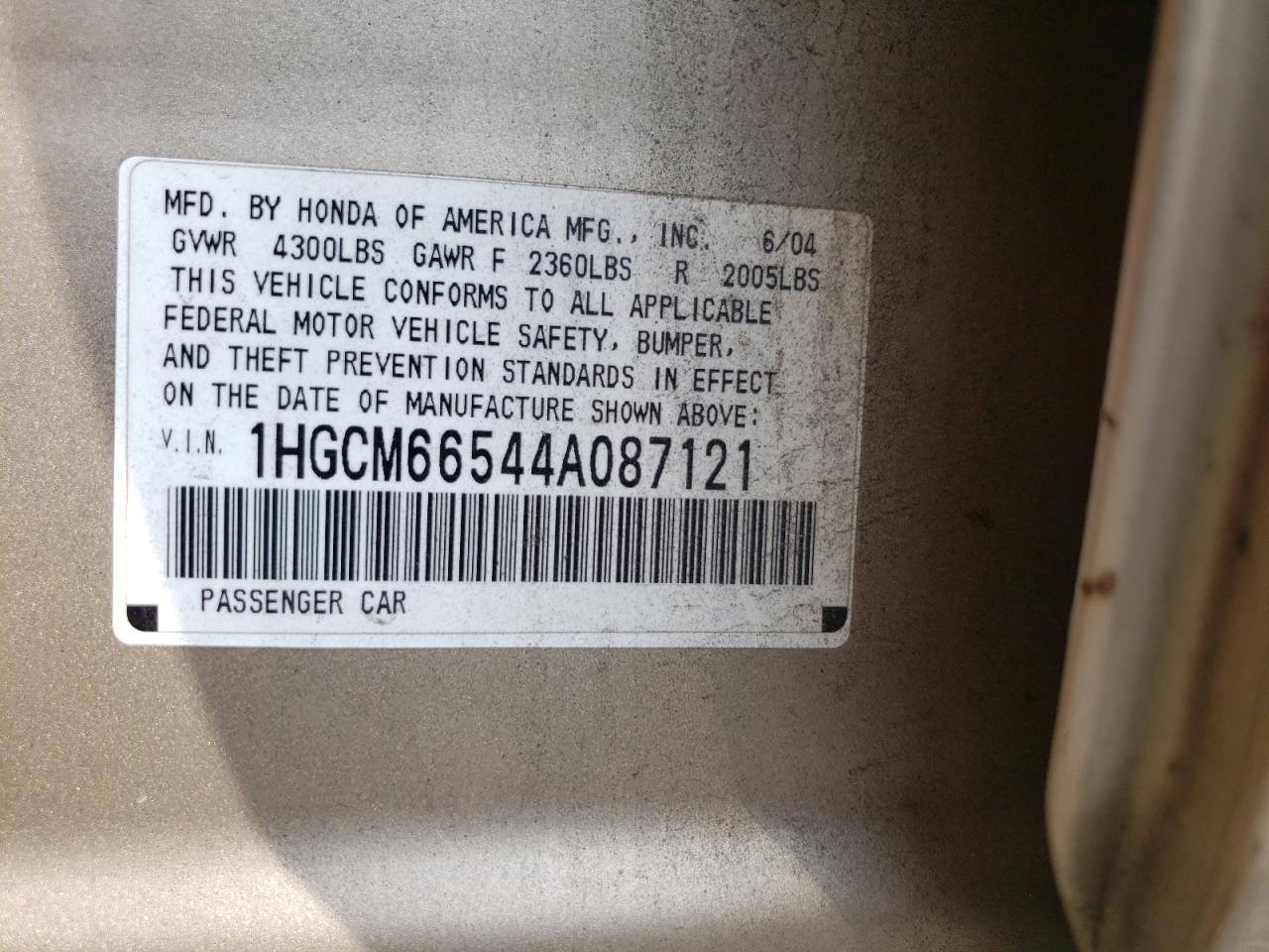 2004 Honda Accord Ex VIN: 1HGCM66544A087121 Lot: 64562524