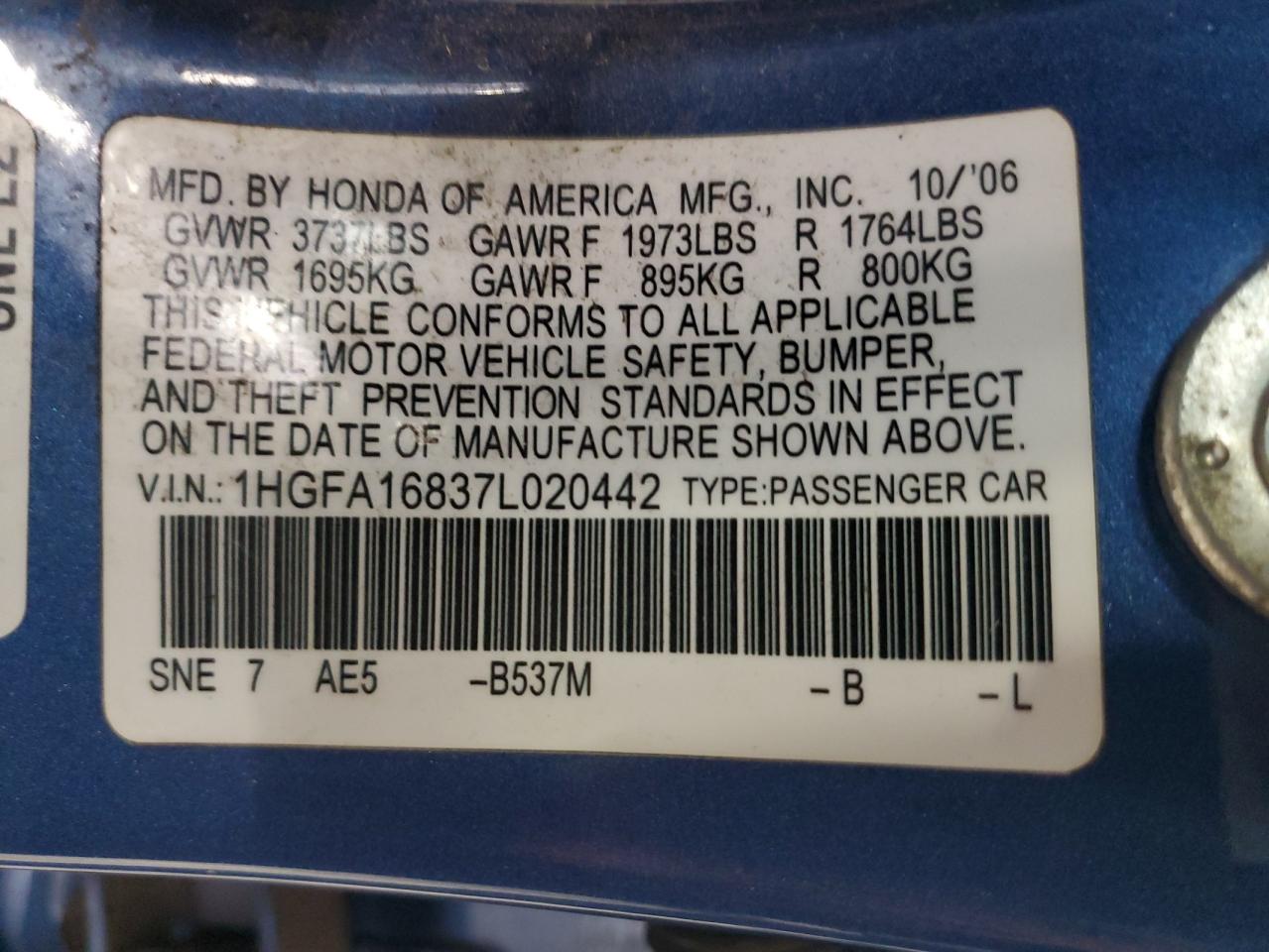 2007 Honda Civic Ex VIN: 1HGFA16837L020442 Lot: 61925734