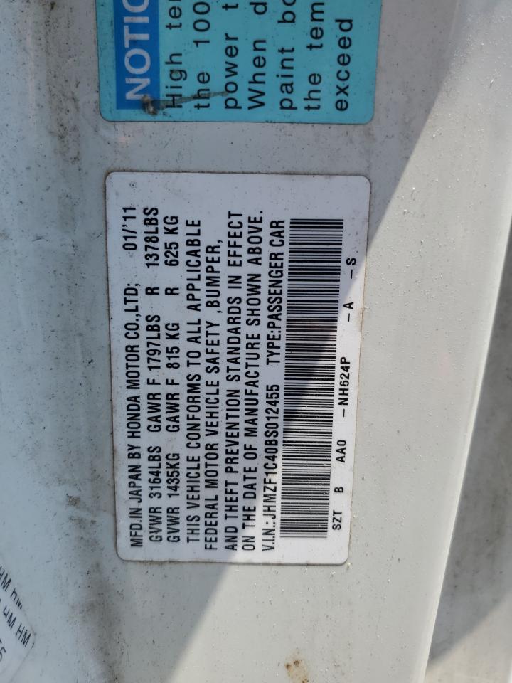 2011 Honda Cr-Z VIN: JHMZF1C40BS012455 Lot: 62670574