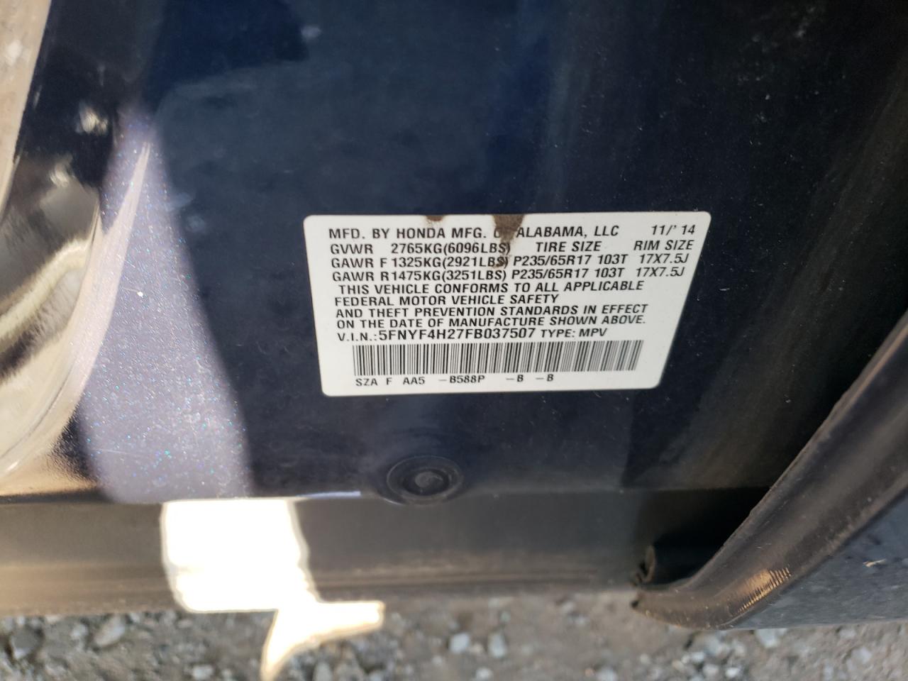 5FNYF4H27FB037507 2015 Honda Pilot Lx