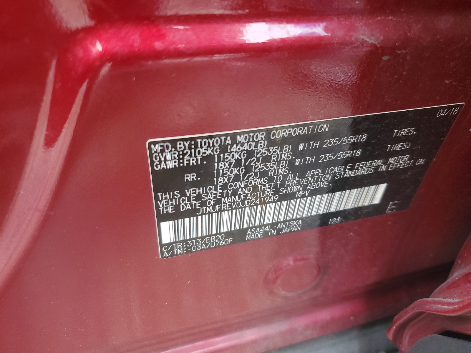 JTMJFREV0JD241949 2018 Toyota Rav4 Se