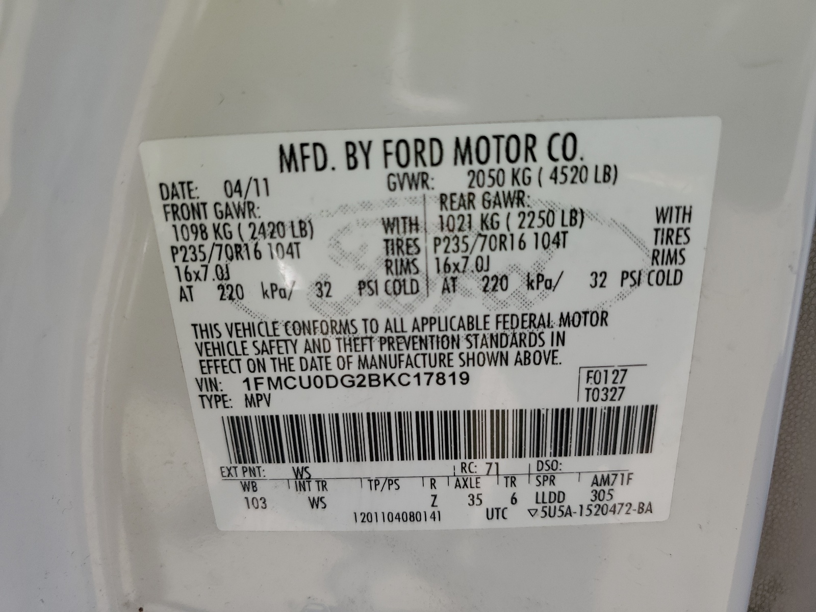 1FMCU0DG2BKC17819 2011 Ford Escape Xlt