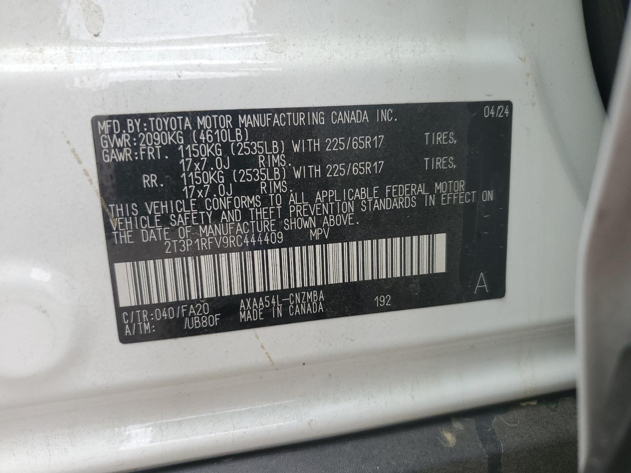 2024 Toyota Rav4 Xle VIN: 2T3P1RFV9RC444409 Lot: 61999944