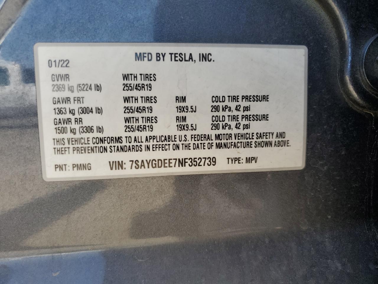 7SAYGDEE7NF352739 2022 Tesla Model Y