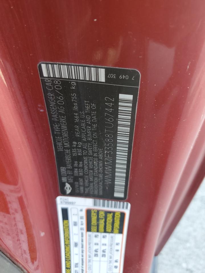 2008 Mini Cooper VIN: WMWMF33588TU67442 Lot: 61528774