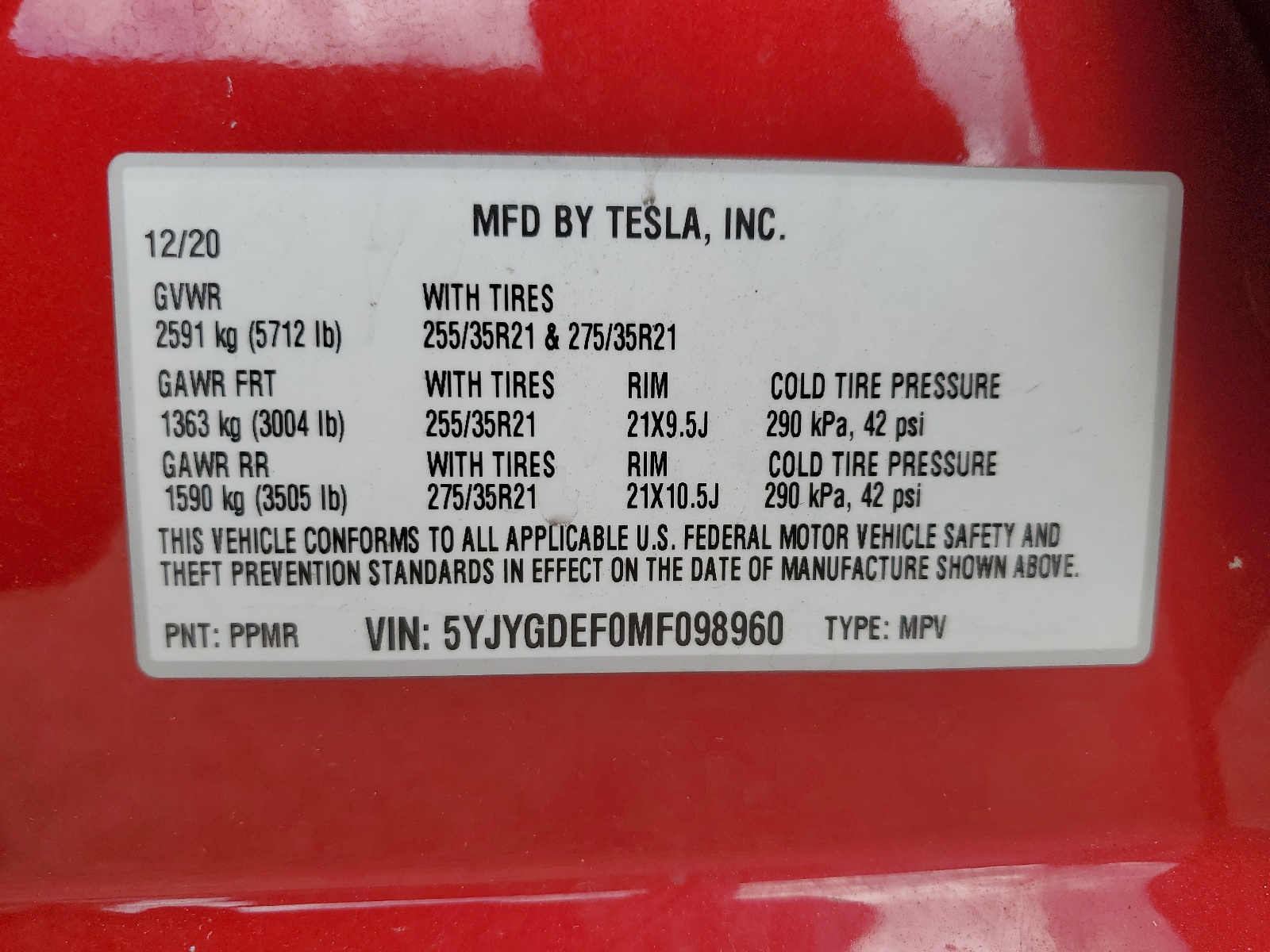 5YJYGDEF0MF098960 2021 Tesla Model Y