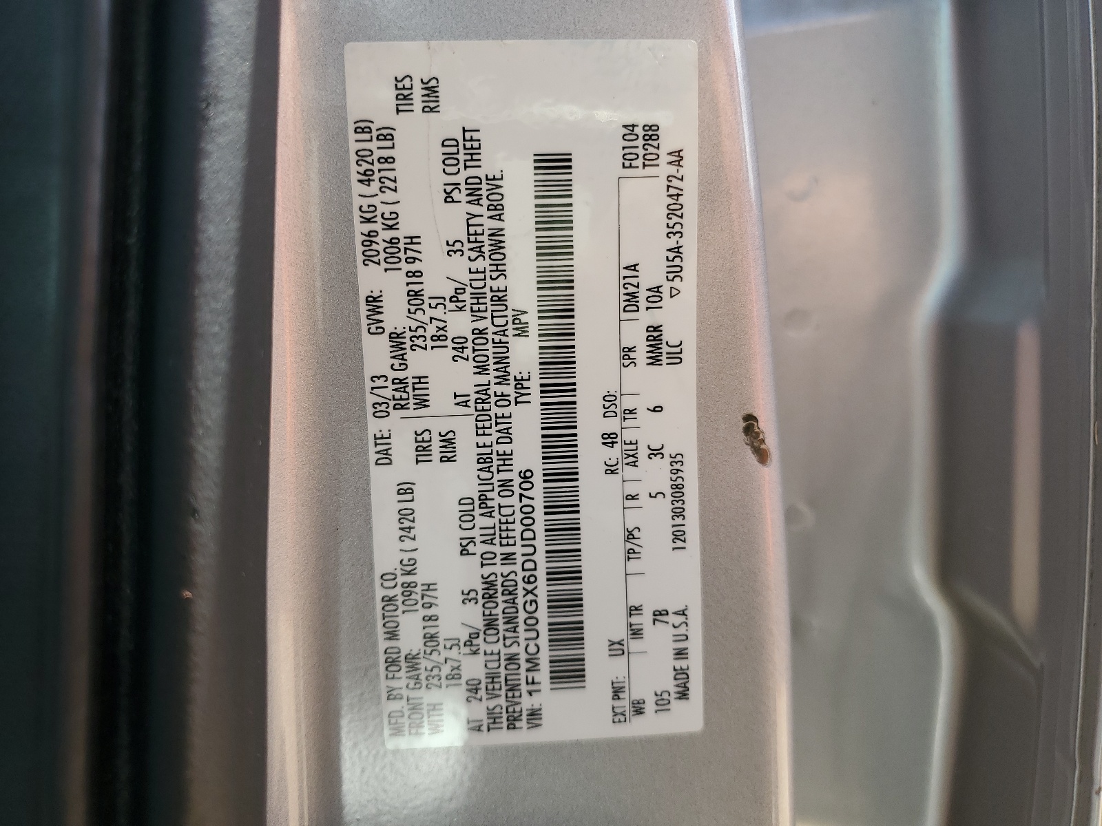 1FMCU0GX6DUD00706 2013 Ford Escape Se