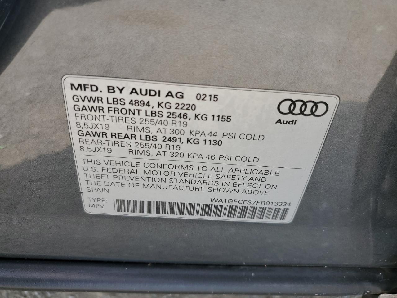 2015 Audi Q3 Prestige VIN: WA1GFCFS7FR013334 Lot: 62053044