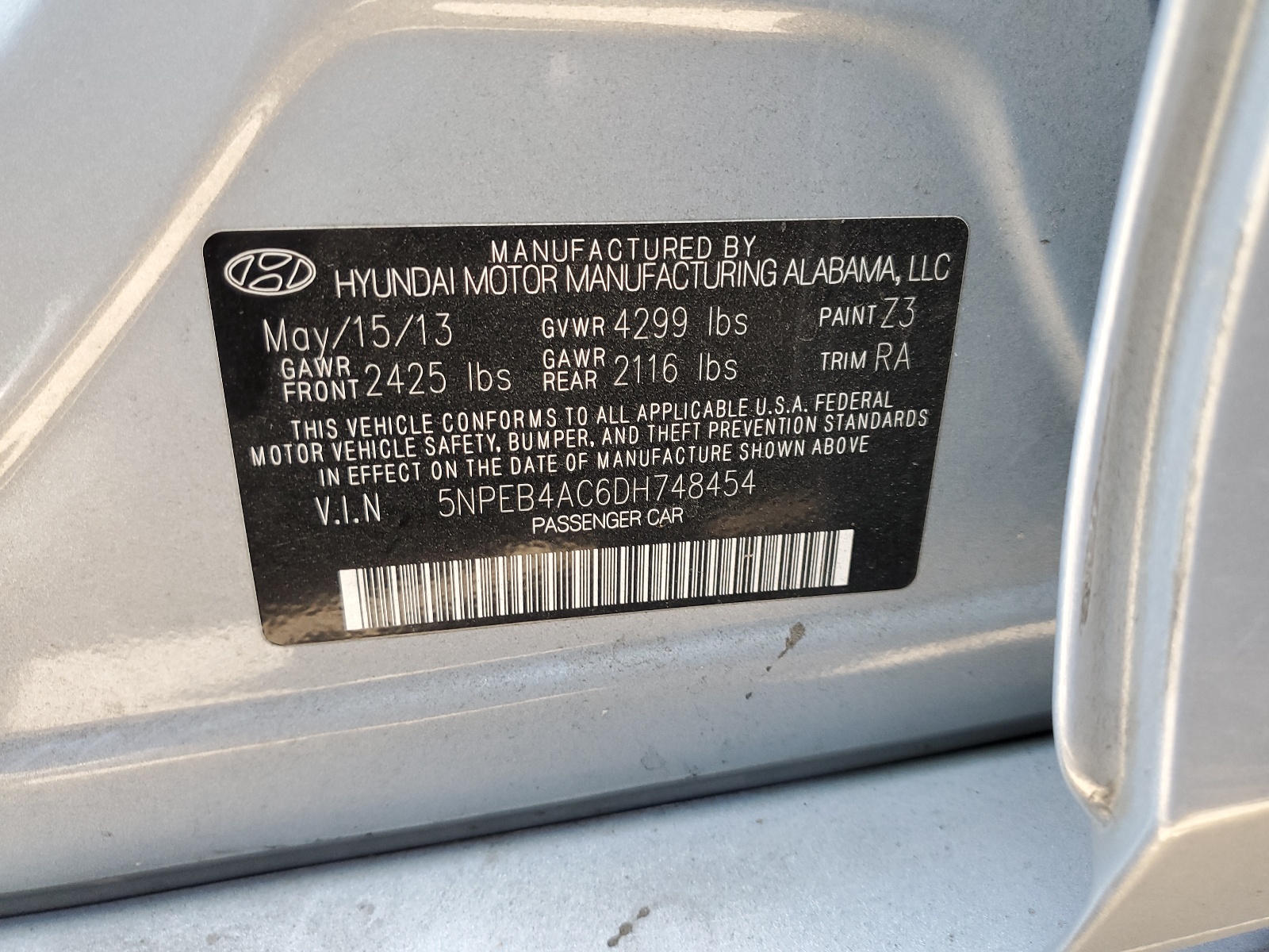 5NPEB4AC6DH748454 2013 Hyundai Sonata Gls