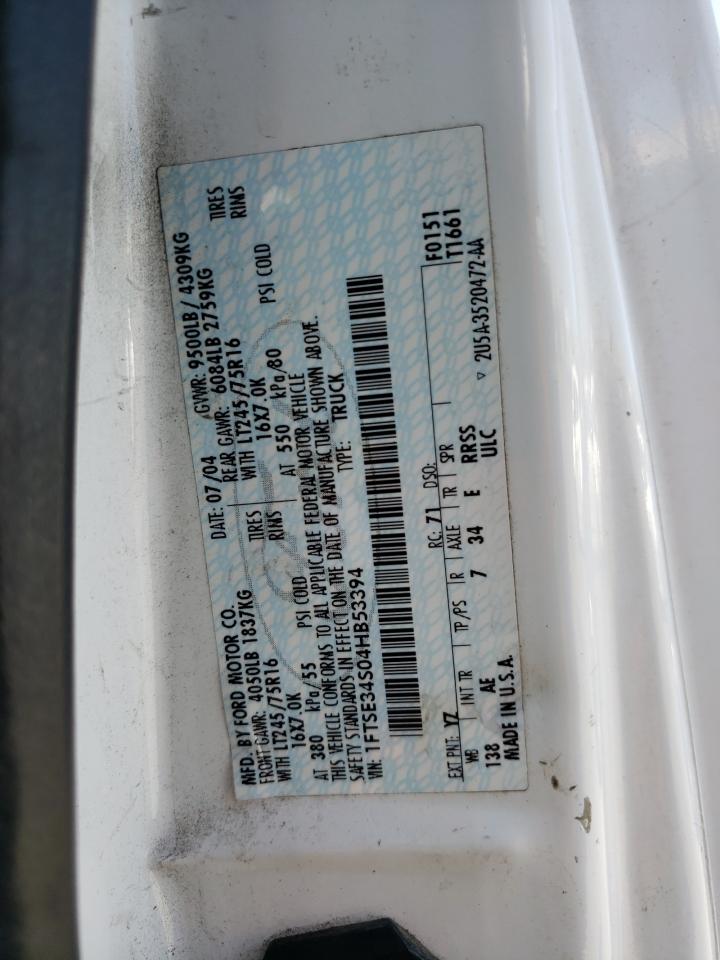 2004 Ford Econoline E350 Super Duty Van VIN: 1FTSE34S04HB53394 Lot: 60668554