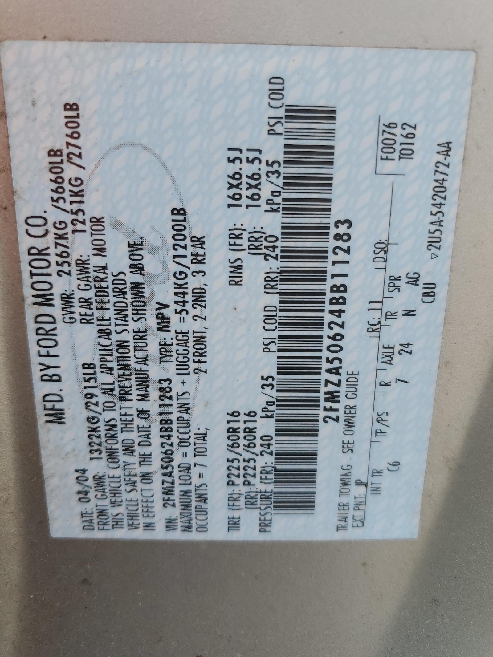 2FMZA50624BB11283 2004 Ford Freestar S