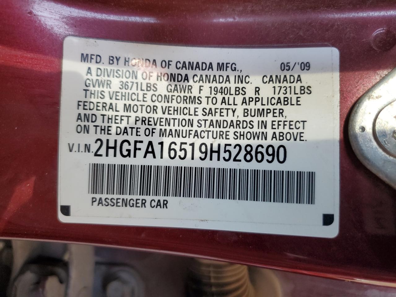 2009 Honda Civic Lx VIN: 2HGFA16519H528690 Lot: 62727064