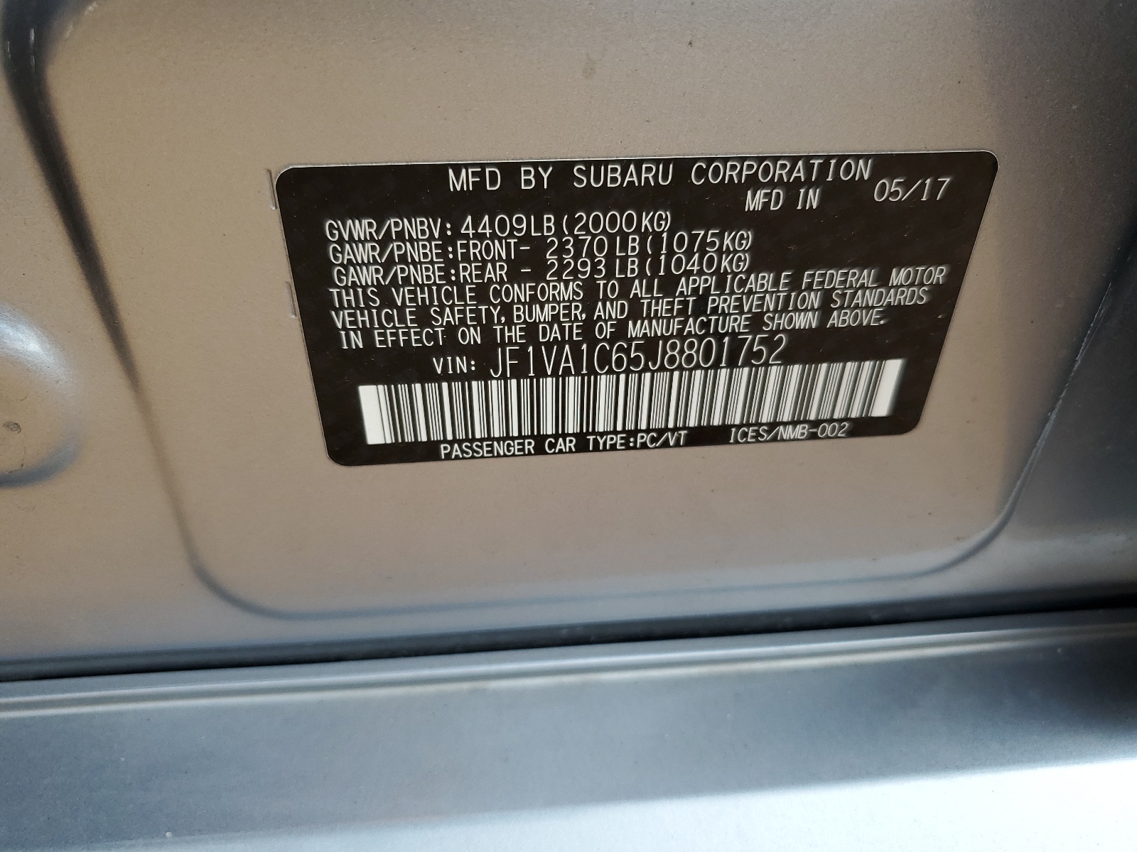 JF1VA1C65J8801752 2018 Subaru Wrx Premium