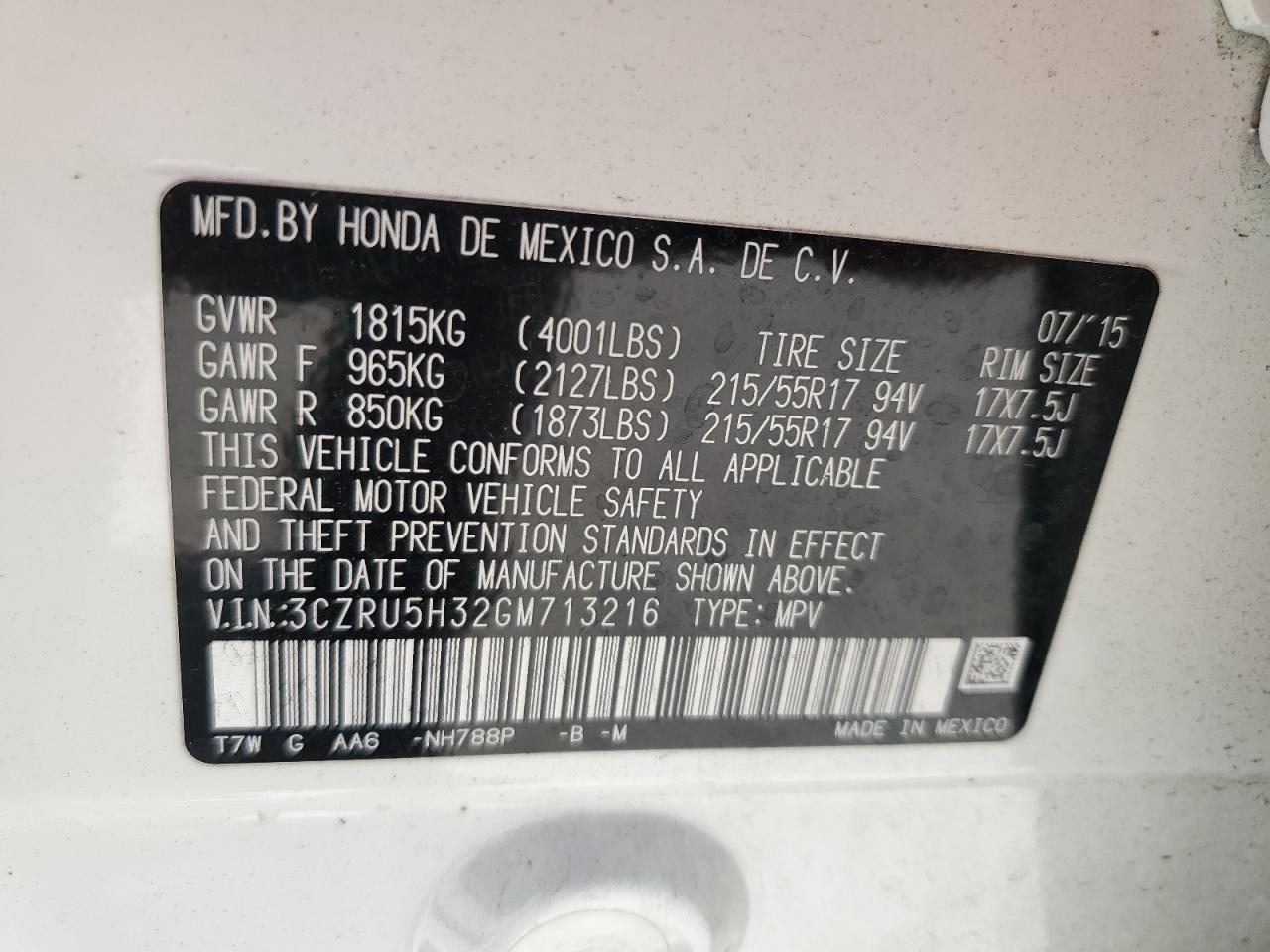 2016 Honda Hr-V Lx VIN: 3CZRU5H32GM713216 Lot: 63706194