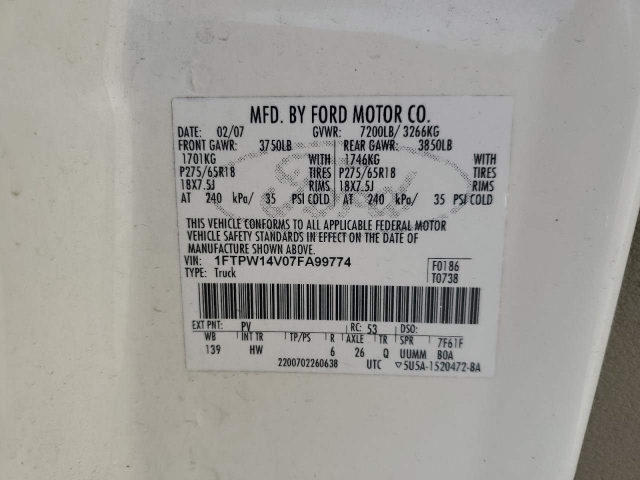 2007 Ford F150 Supercrew VIN: 1FTPW14V07FA99774 Lot: 61759334