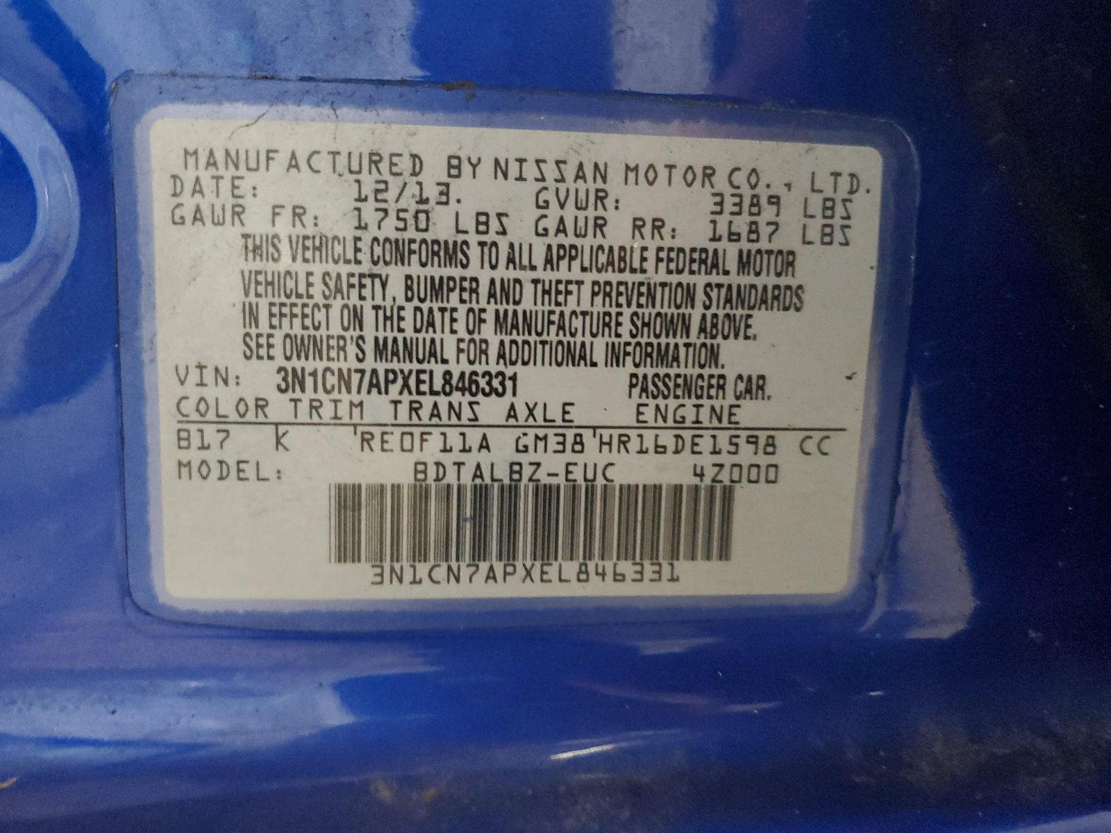 3N1CN7APXEL846331 2014 Nissan Versa S