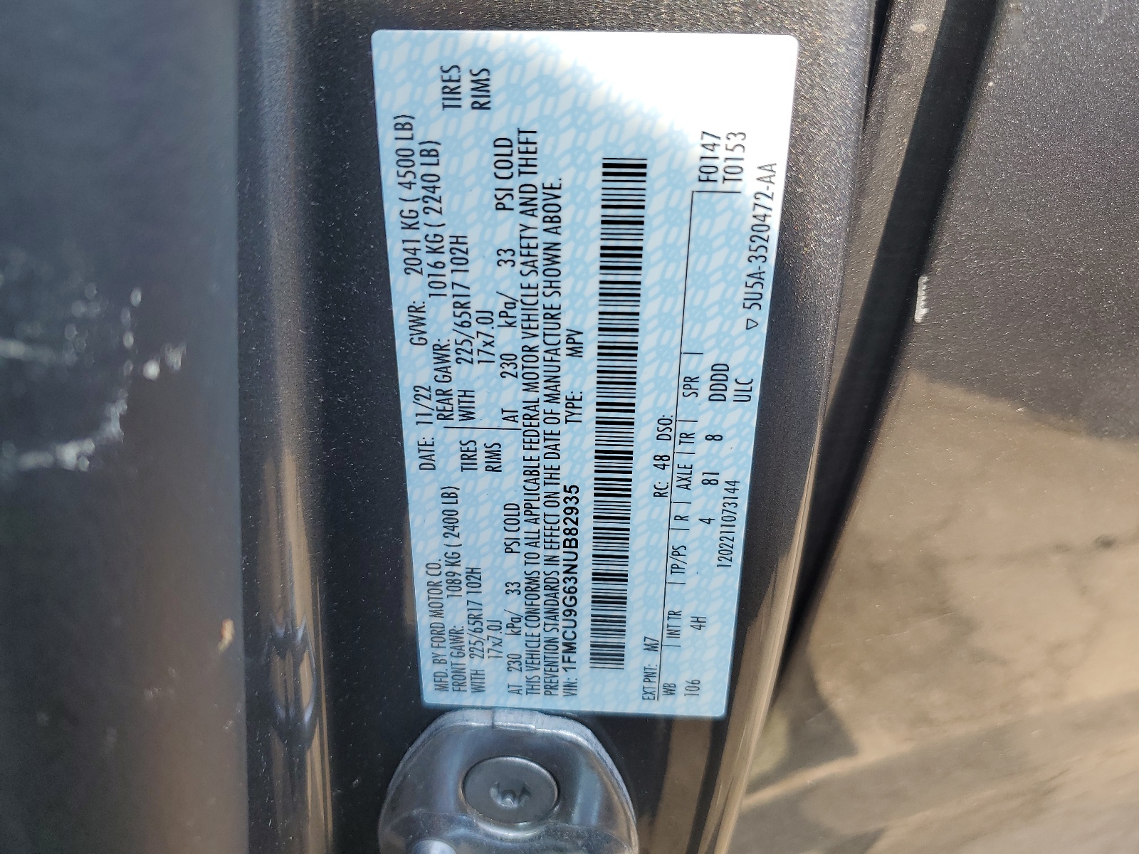 1FMCU9G63NUB82935 2022 Ford Escape Se