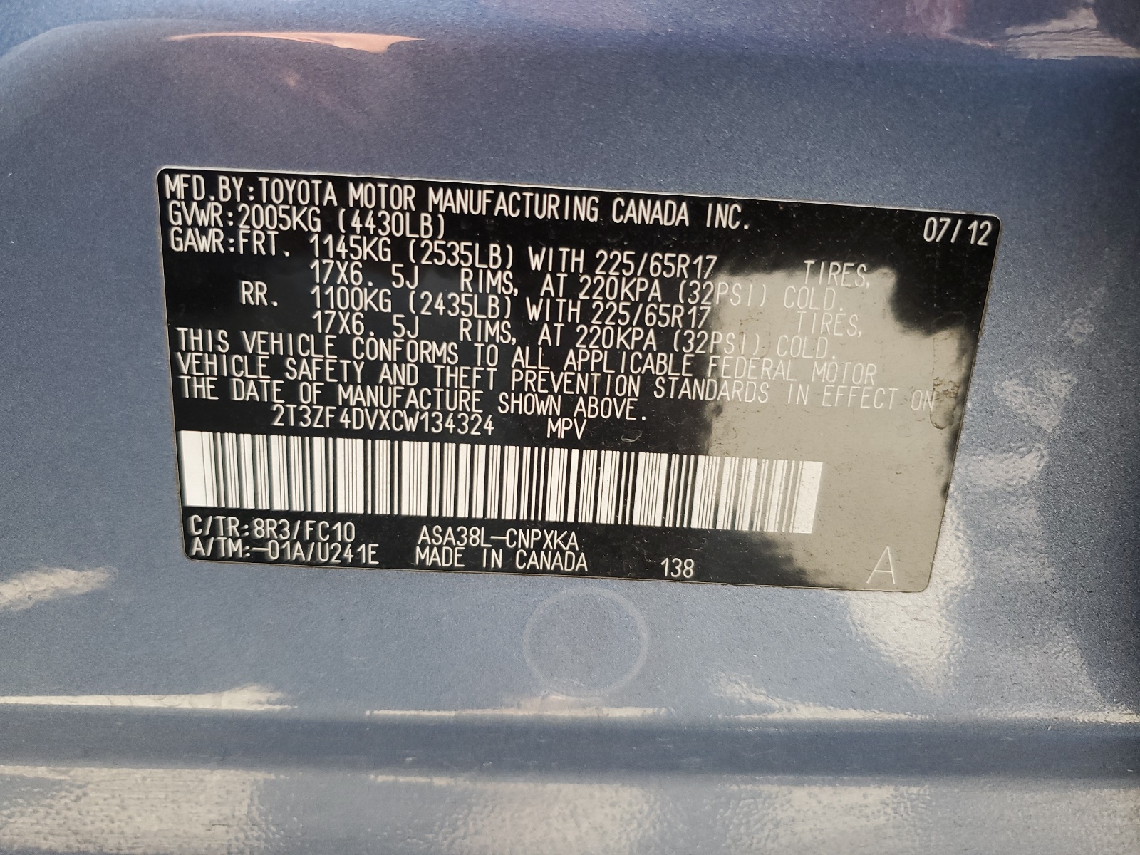 2T3ZF4DVXCW134324 2012 Toyota Rav4