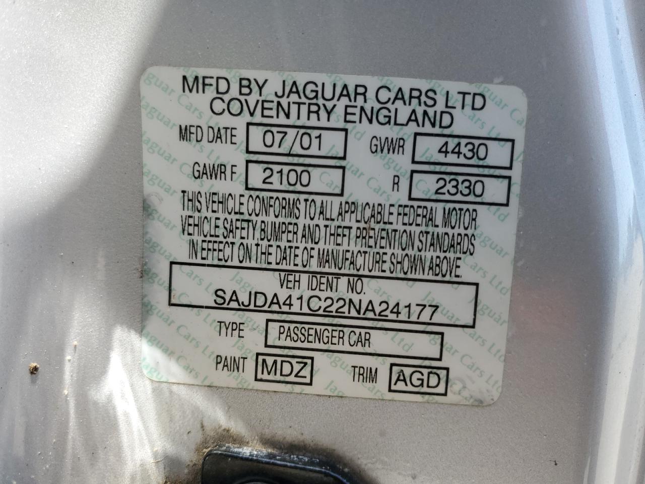 2002 Jaguar Xk8 VIN: SAJDA41C22NA24177 Lot: 60230134