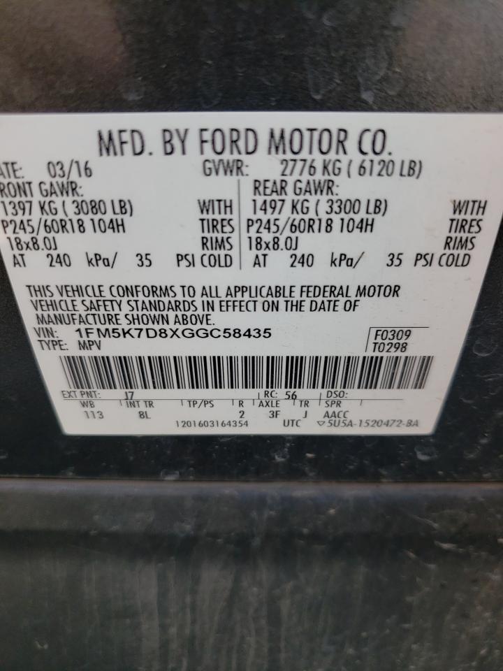 2016 Ford Explorer Xlt VIN: 1FM5K7D8XGGC58435 Lot: 63865394