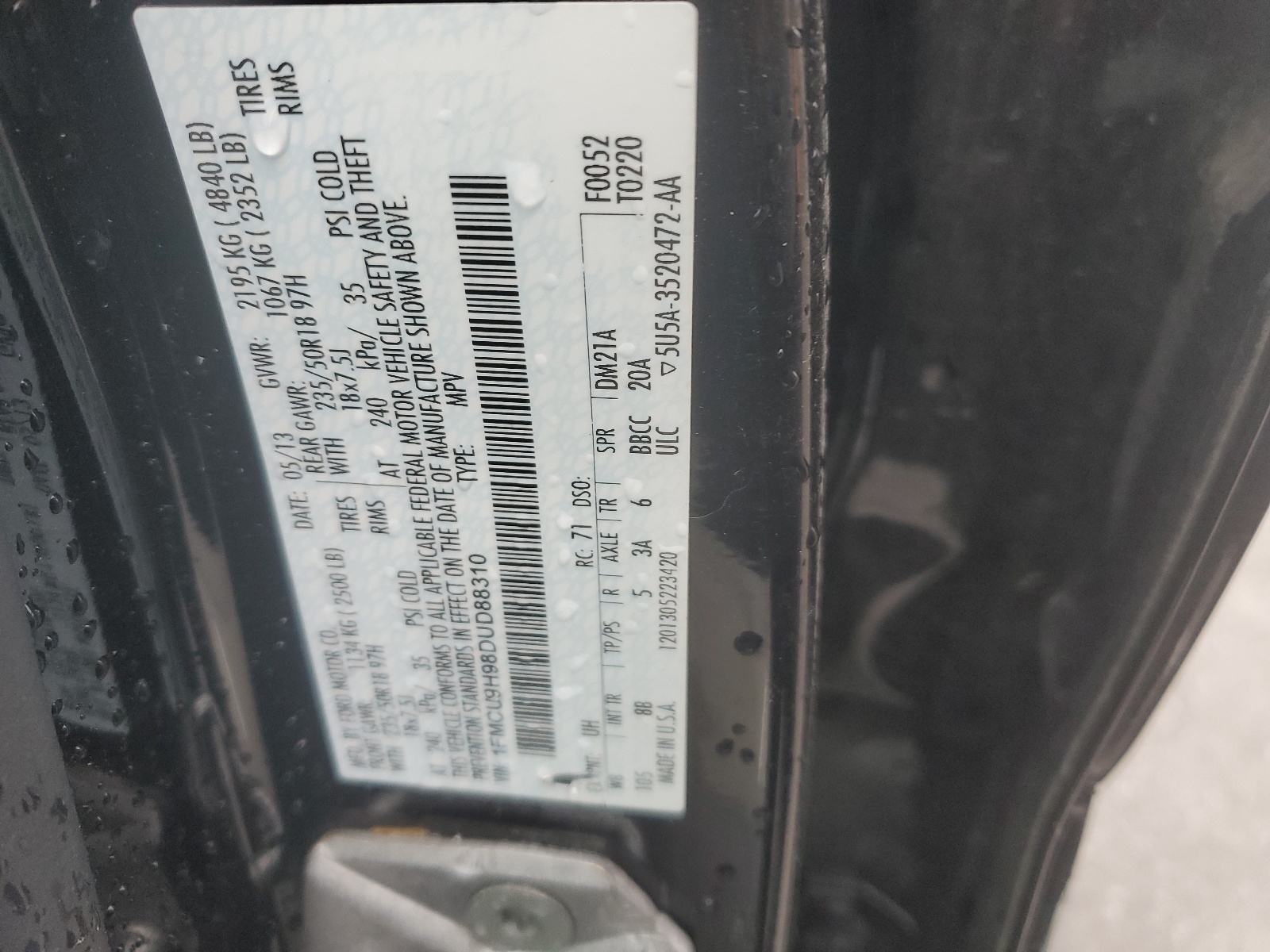 1FMCU9H98DUD88310 2013 Ford Escape Sel