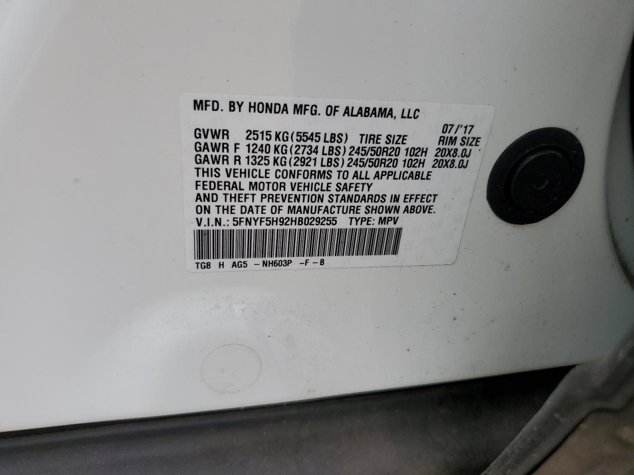 2017 Honda Pilot Touring VIN: 5FNYF5H92HB029255 Lot: 61449214