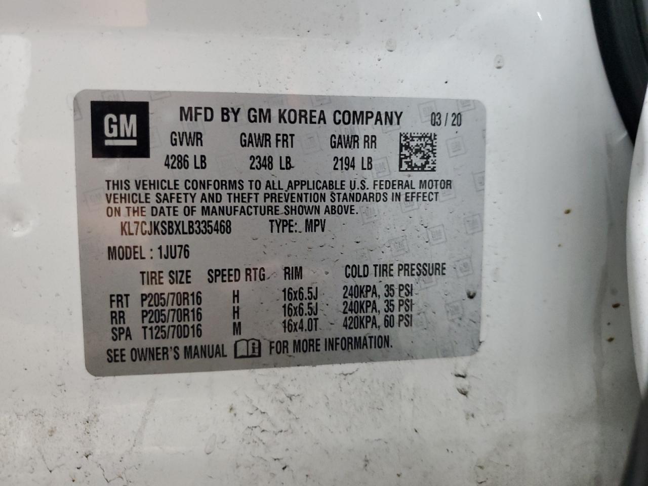 2020 Chevrolet Trax Ls VIN: KL7CJKSBXLB335468 Lot: 63525964