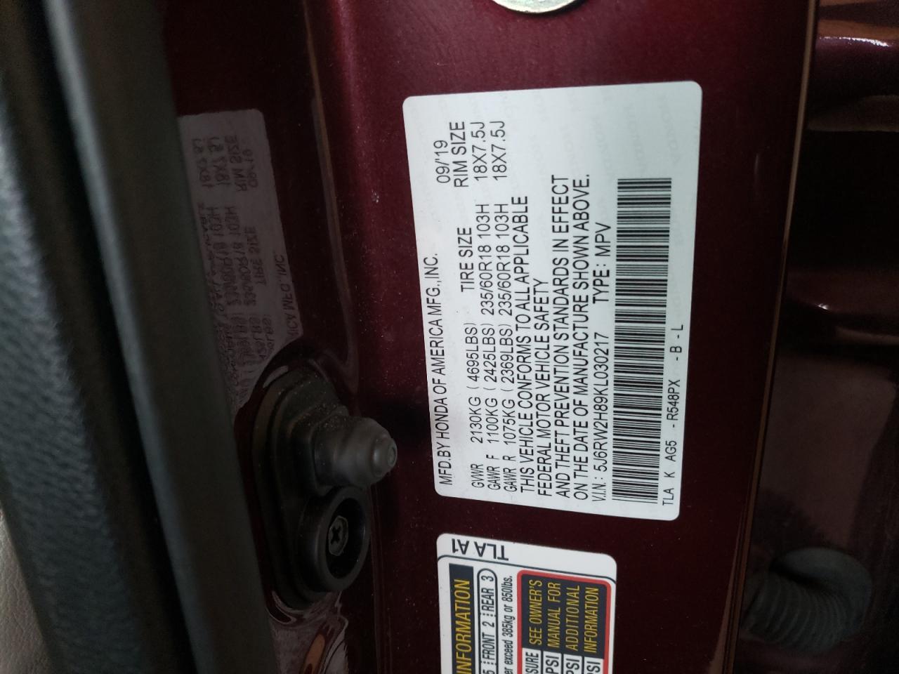 2019 Honda Cr-V Exl VIN: 5J6RW2H89KL030217 Lot: 65173044