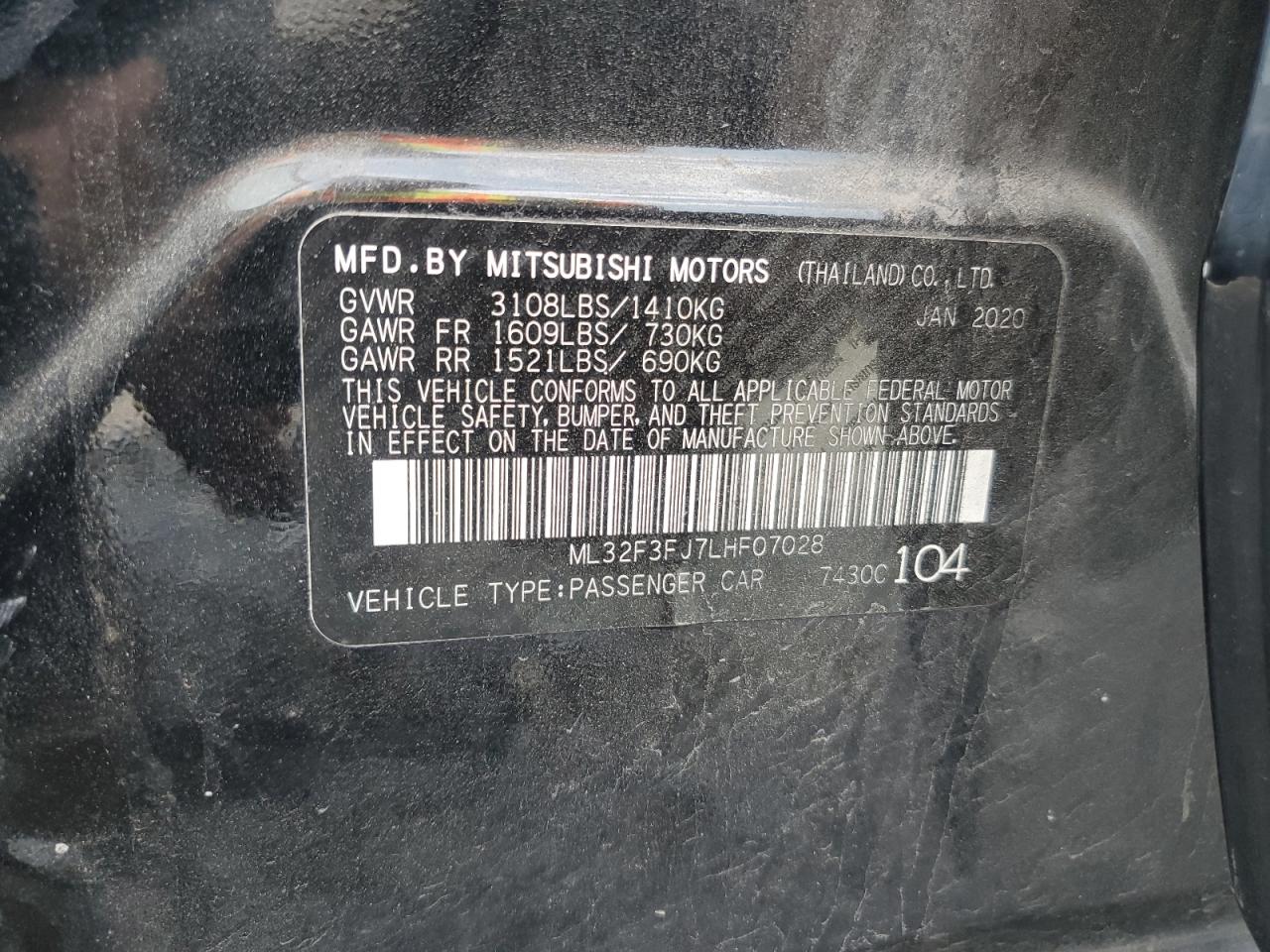 ML32F3FJ7LHF07028 2020 Mitsubishi Mirage G4 Es