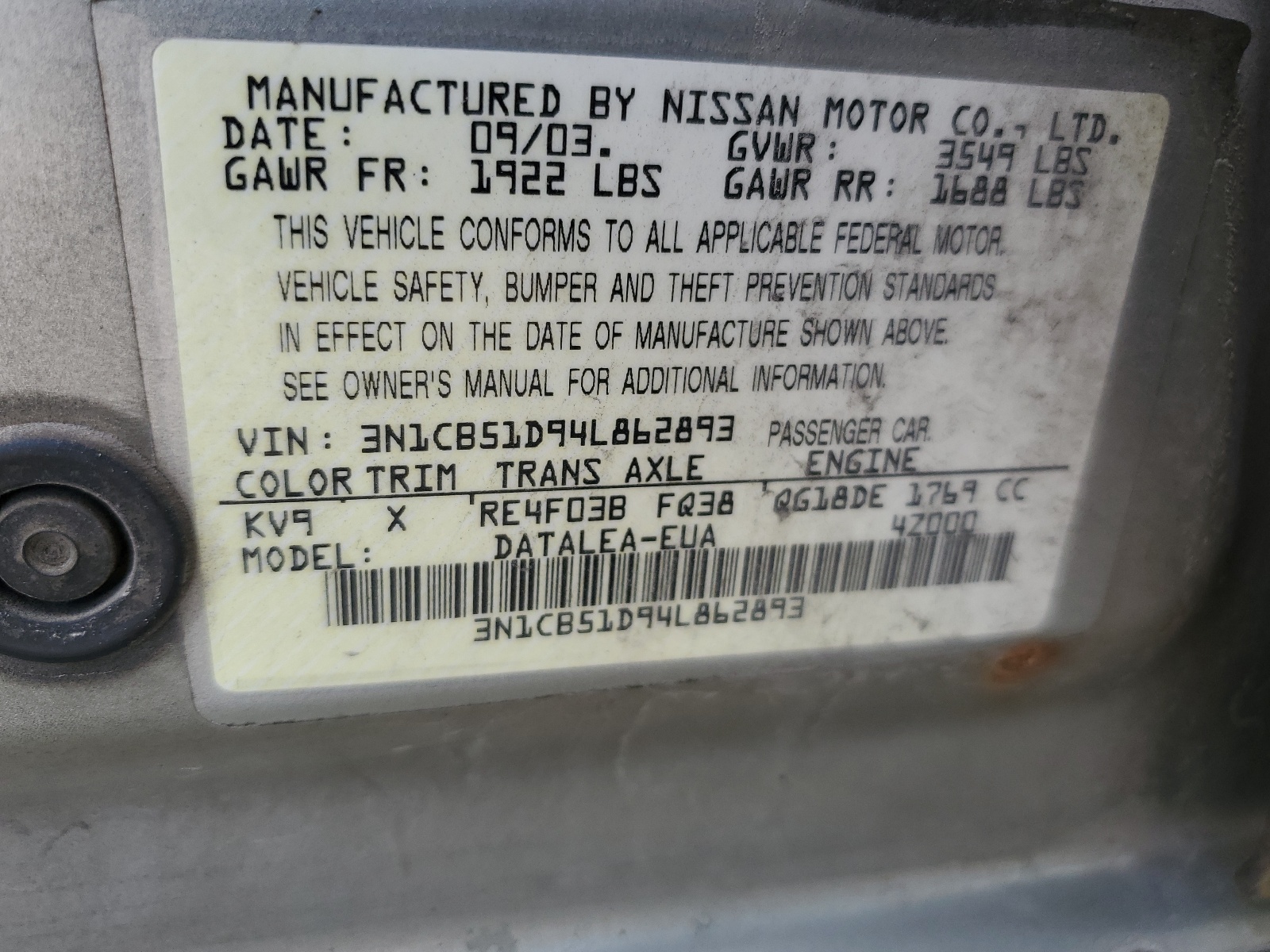 3N1CB51D94L862893 2004 Nissan Sentra 1.8