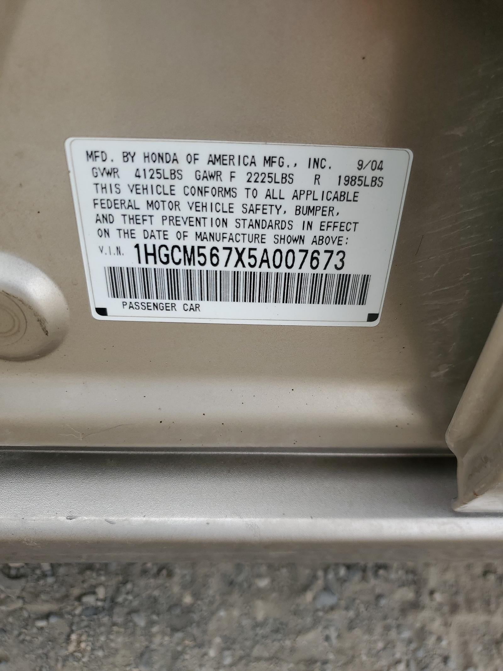 1HGCM567X5A007673 2005 Honda Accord Ex