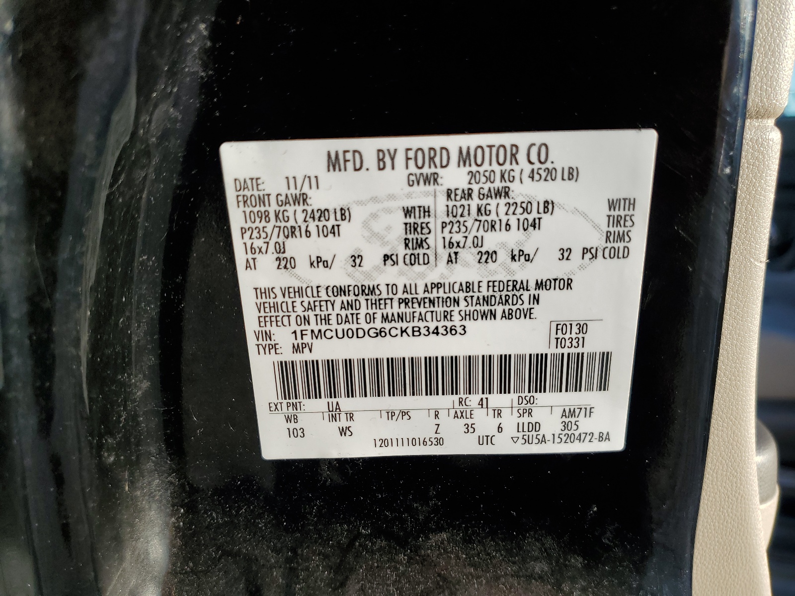 1FMCU0DG6CKB34363 2012 Ford Escape Xlt