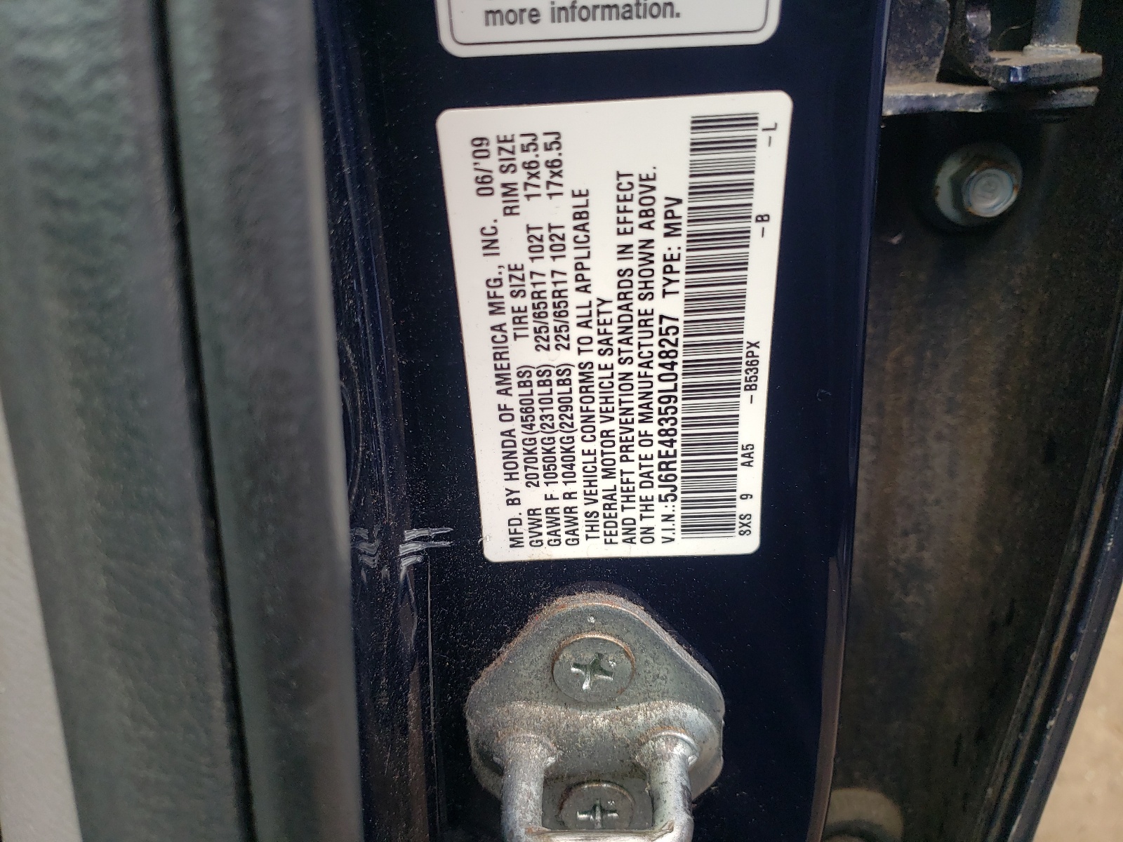 5J6RE48359L048257 2009 Honda Cr-V Lx