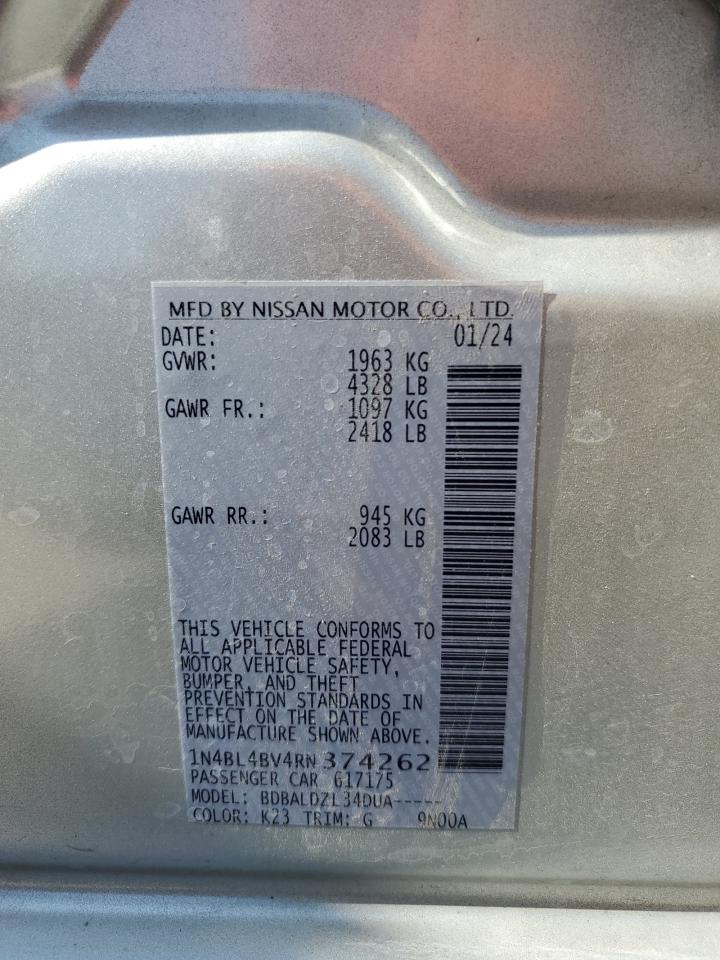 2024 Nissan Altima S VIN: 1N4BL4BV4RN374262 Lot: 62078834