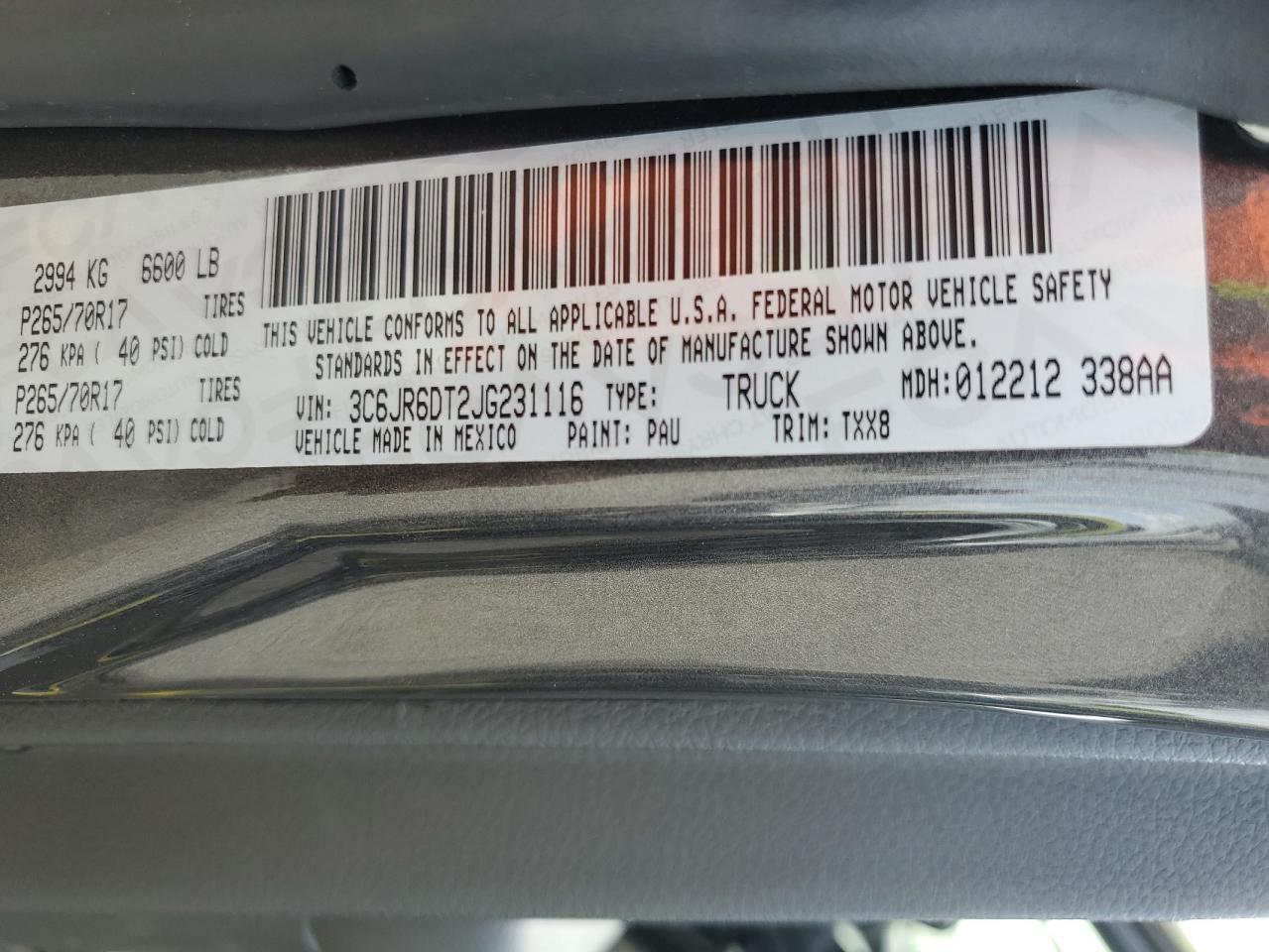 2018 Ram 1500 St VIN: 3C6JR6DT2JG231116 Lot: 57679124