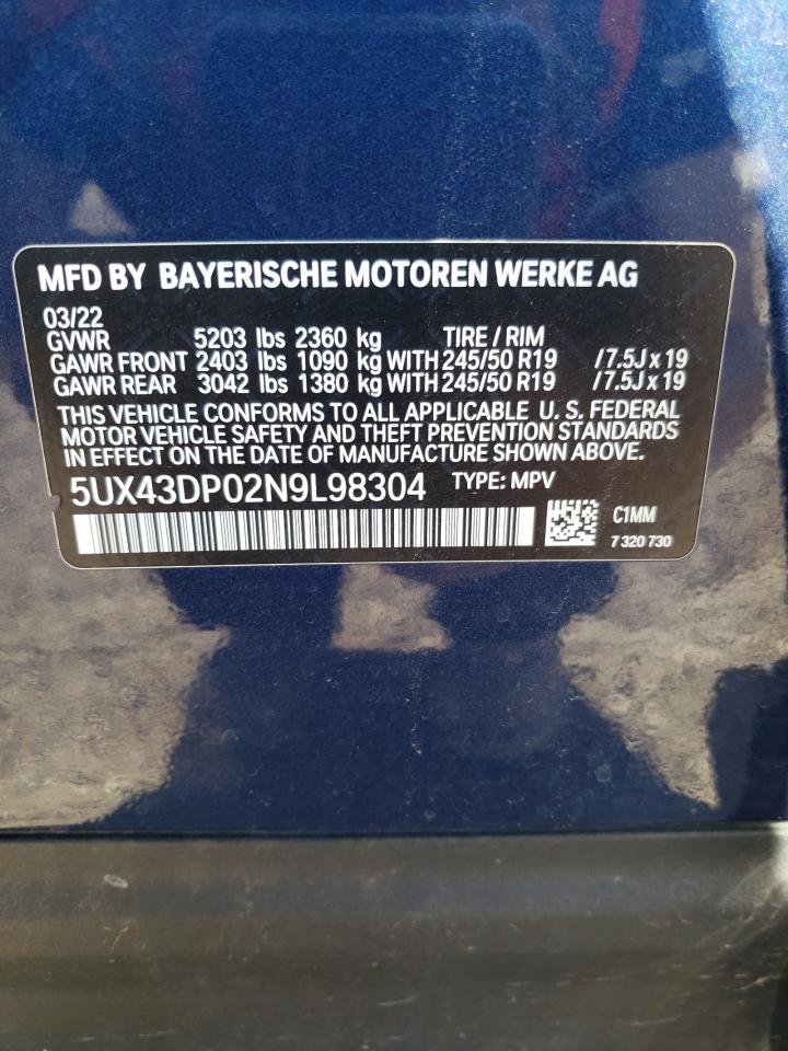 2022 BMW X3 Sdrive30I VIN: 5UX43DP02N9L98304 Lot: 61987544