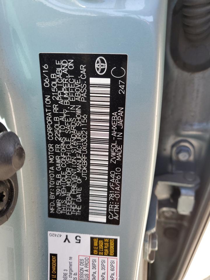 2016 Toyota Prius VIN: JTDKBRFUXG3021156 Lot: 63881354