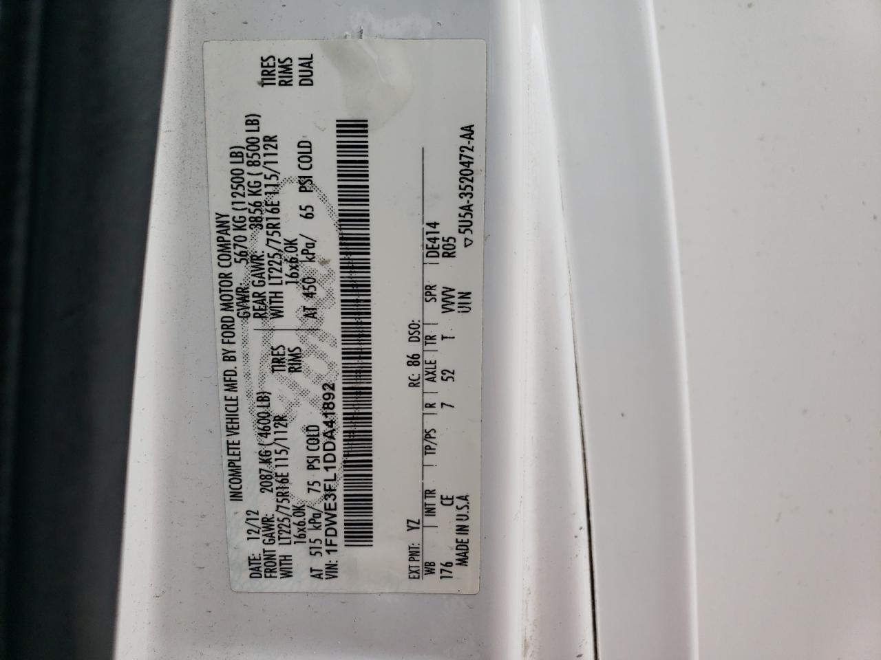 2013 Ford Econoline E350 Super Duty Cutaway Van VIN: 1FDWE3FL1DDA41892 Lot: 61675384