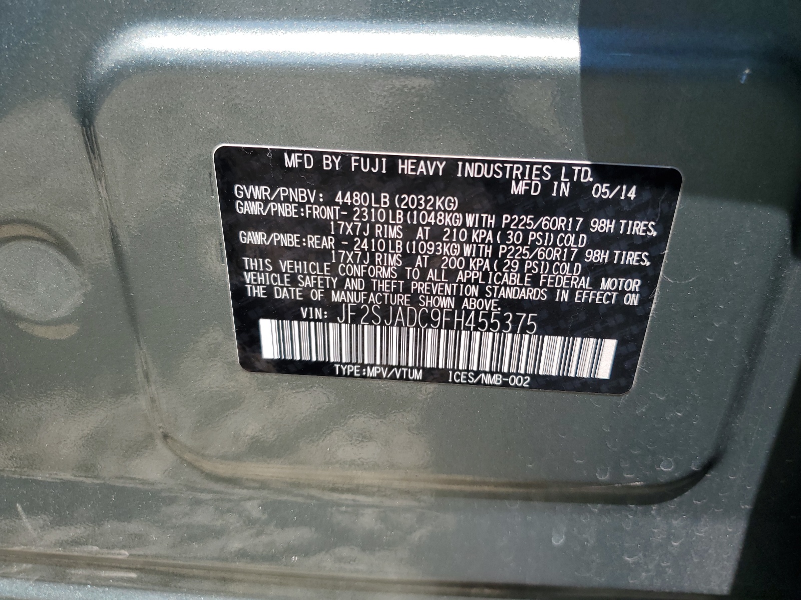 JF2SJADC9FH455375 2015 Subaru Forester 2.5I Premium