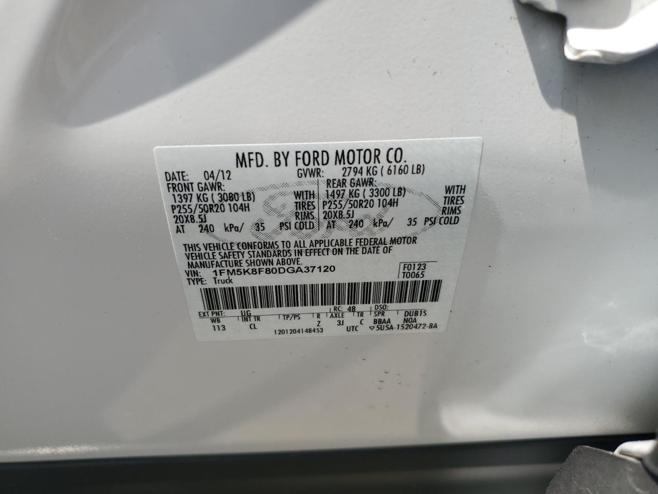 2013 Ford Explorer Limited VIN: 1FM5K8F80DGA37120 Lot: 64565134