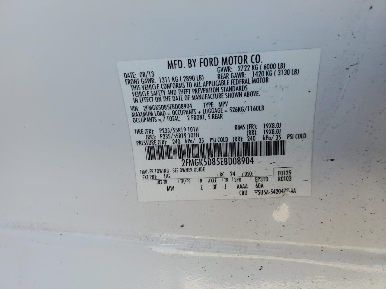 2014 Ford Flex Limited VIN: 2FMGK5D85EBD08904 Lot: 63971814